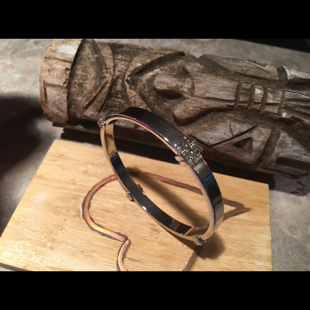 Tory Burch Silver-Tone Logo Bangle Bracelet - Picture 3 of 6